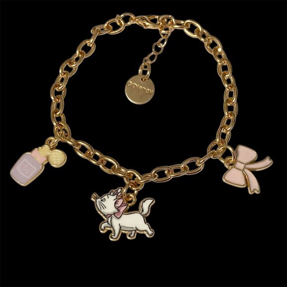 Disney Aristocats Marie Cat Charm Bracelet Pink Bow Signed 7-8" White Gold Tone - Picture 2 of 13